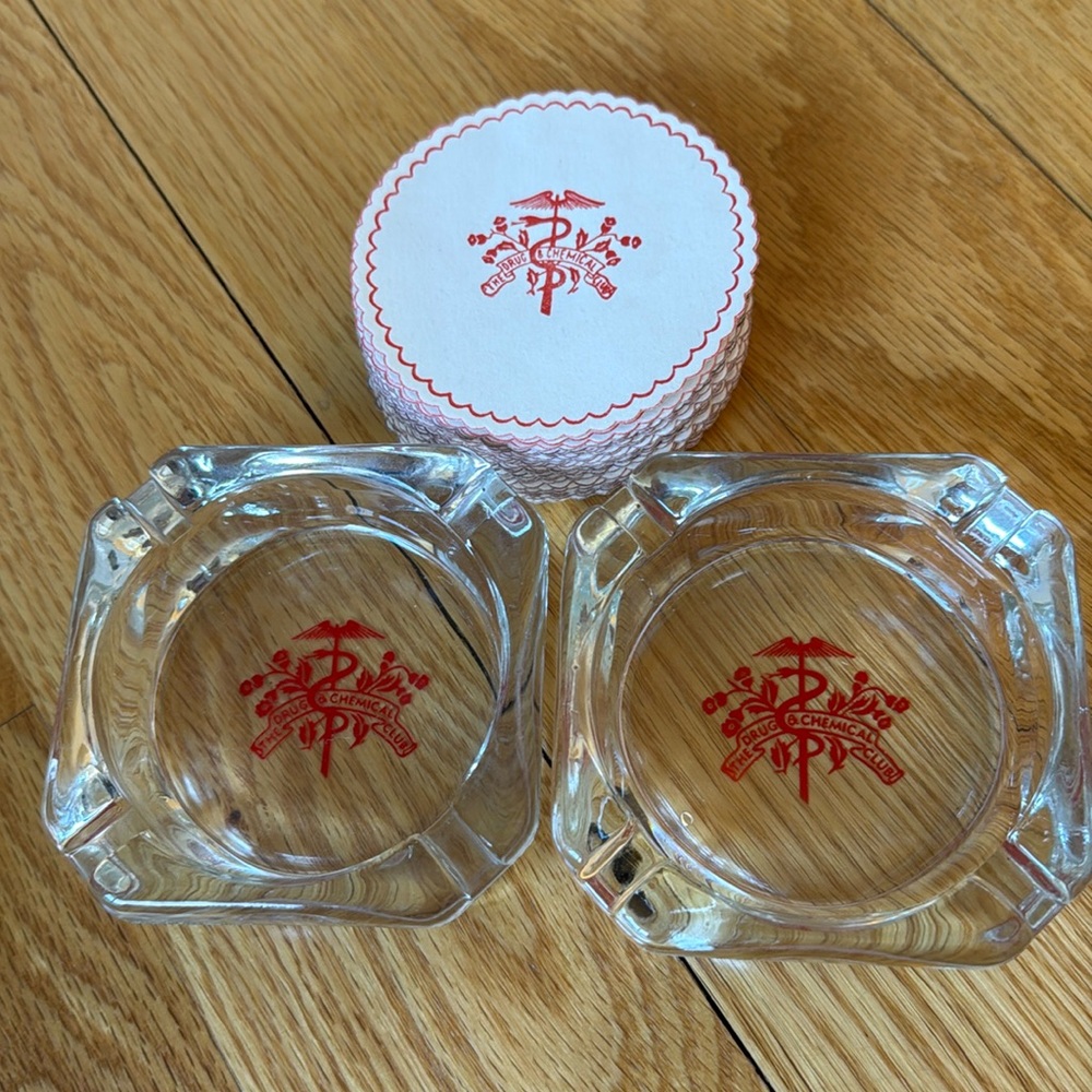 TWO Vintage 60s The Drug & Chemical Club Glass Ashtrays